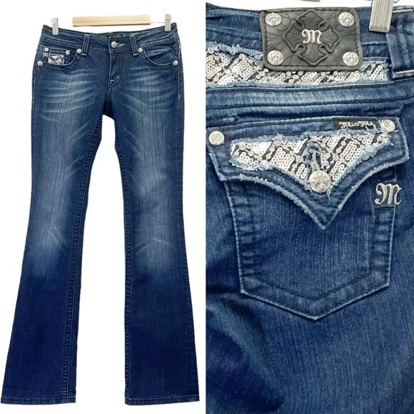 Miss Me Y2K Jeans Women's Size 29 Bling Rhinestone Back Flap Bootcut Dark Wash - Picture 1 of 12